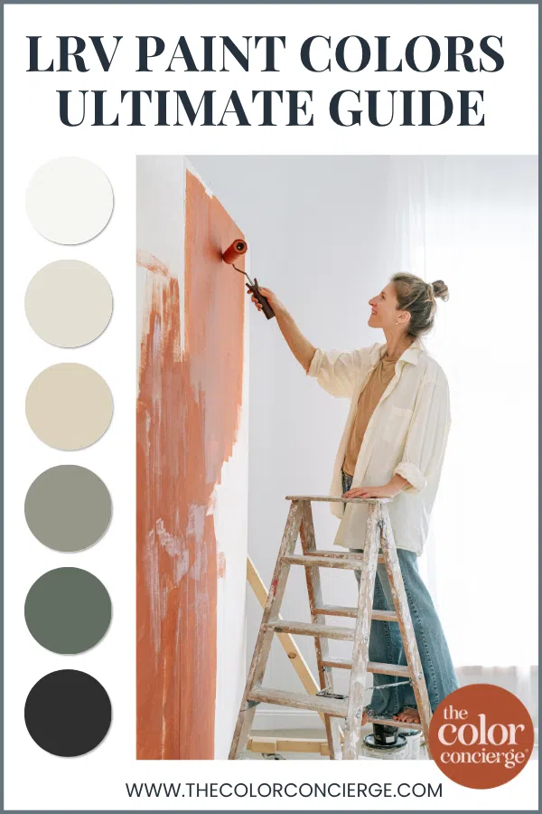 A woman painting a wall with a roller next to swatches of color representing LRV of paint colors