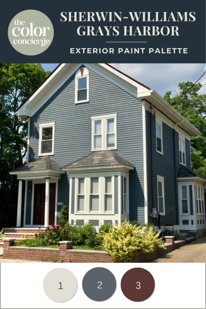 A home features SW Grays Harbor siding with off-white trim and SW Sommelier front door.