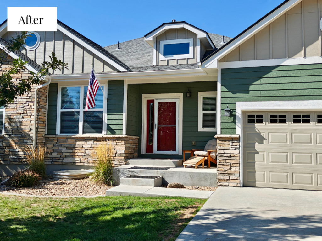 Suburban house painted Sherwin-Williams Rosemary (SW 6187) with warm stone and Sherwin-Williams Egret White (SW 7570) trim, sunny lot, Colorado