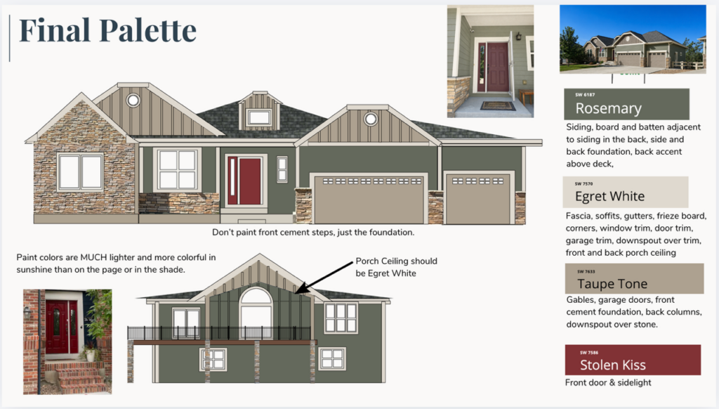 A rendering of a Sherwin-Williams Rosemary exterior house palette.
