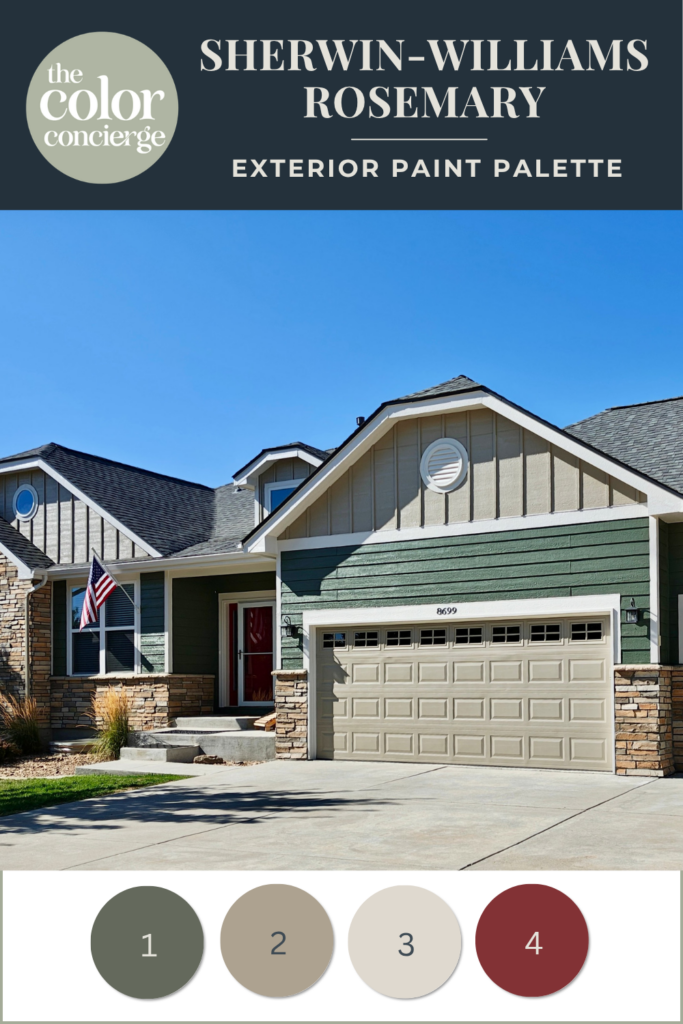 A dark green house exterior painted with Sherwin-Williams Rosemary siding.