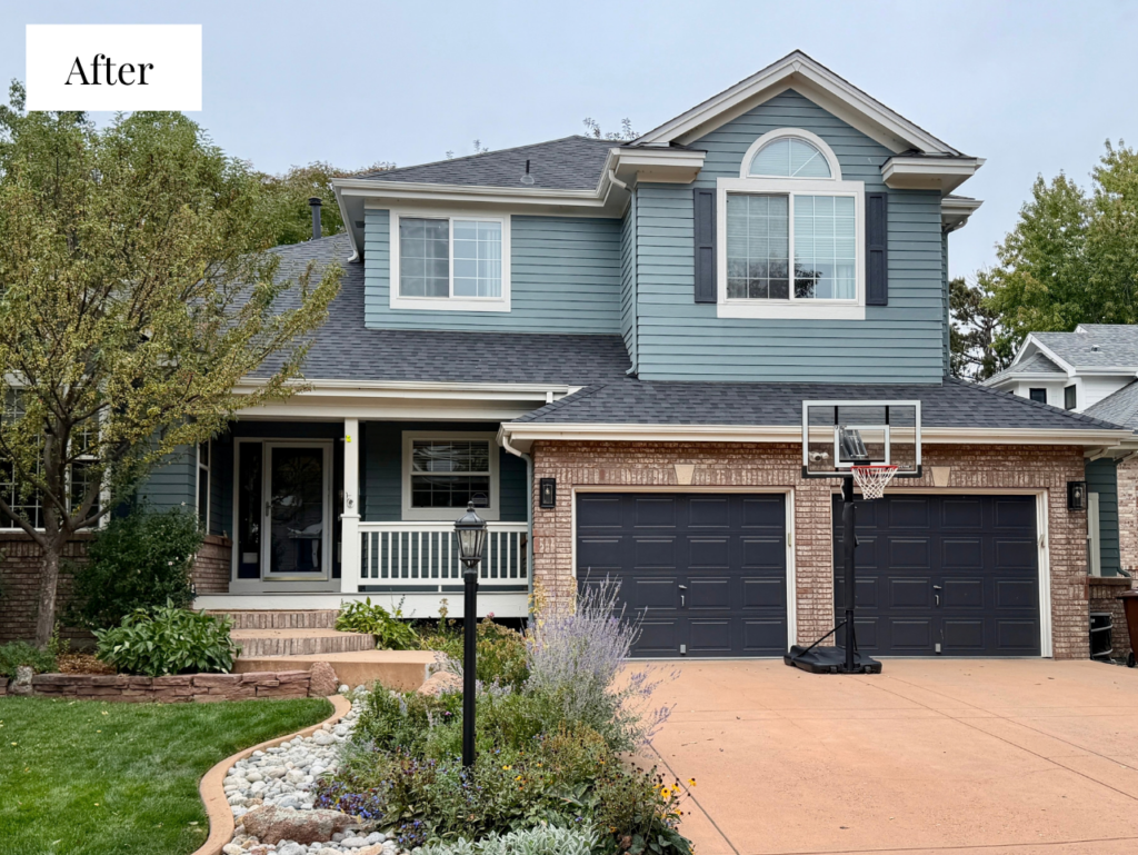 A home features a Benjamin Moore Apollo Blue exterior color palette.