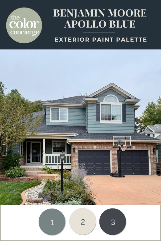 A home features a Benjamin Moore Apollo Blue exterior paint color palette.