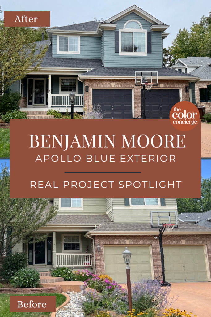 A before and after look at a Benjamin Moore Apollo Blue exterior color palette.