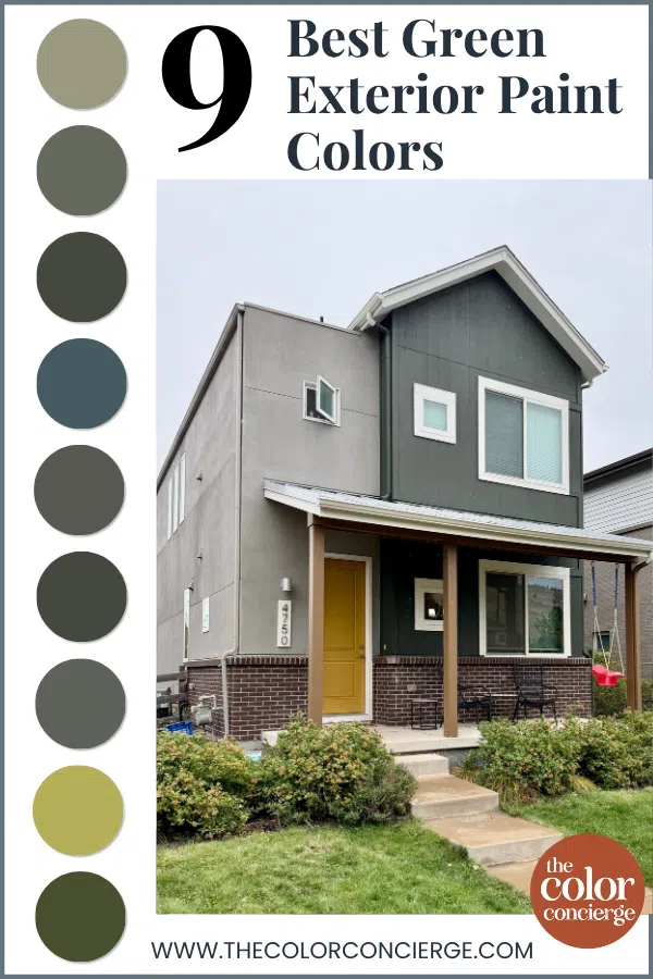 A Denver home with SW Rosemary siding surrounded by green exterior paint color swatches
