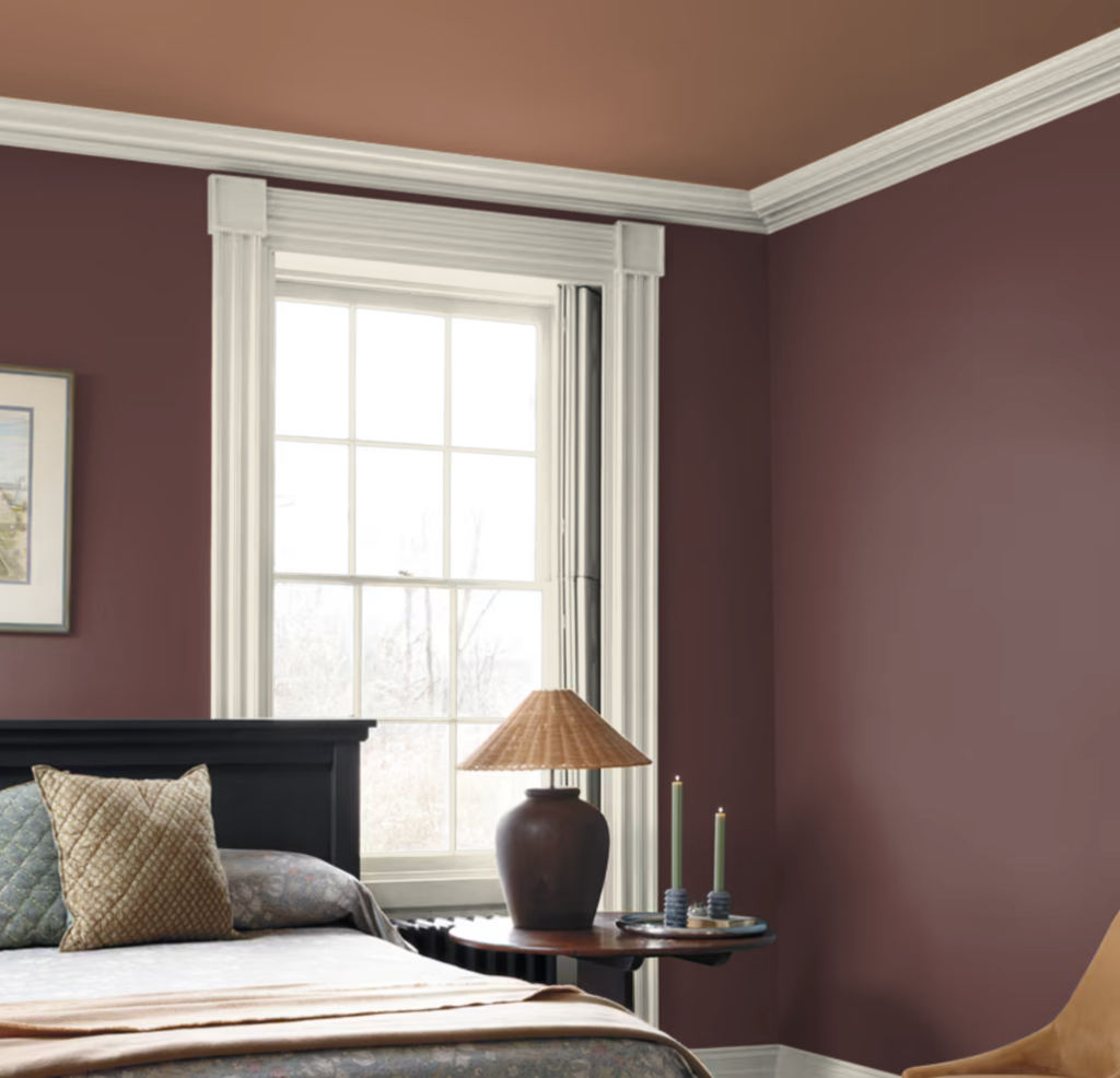 A gorgeous brown bedroom with BM Antique Copper ceiling.